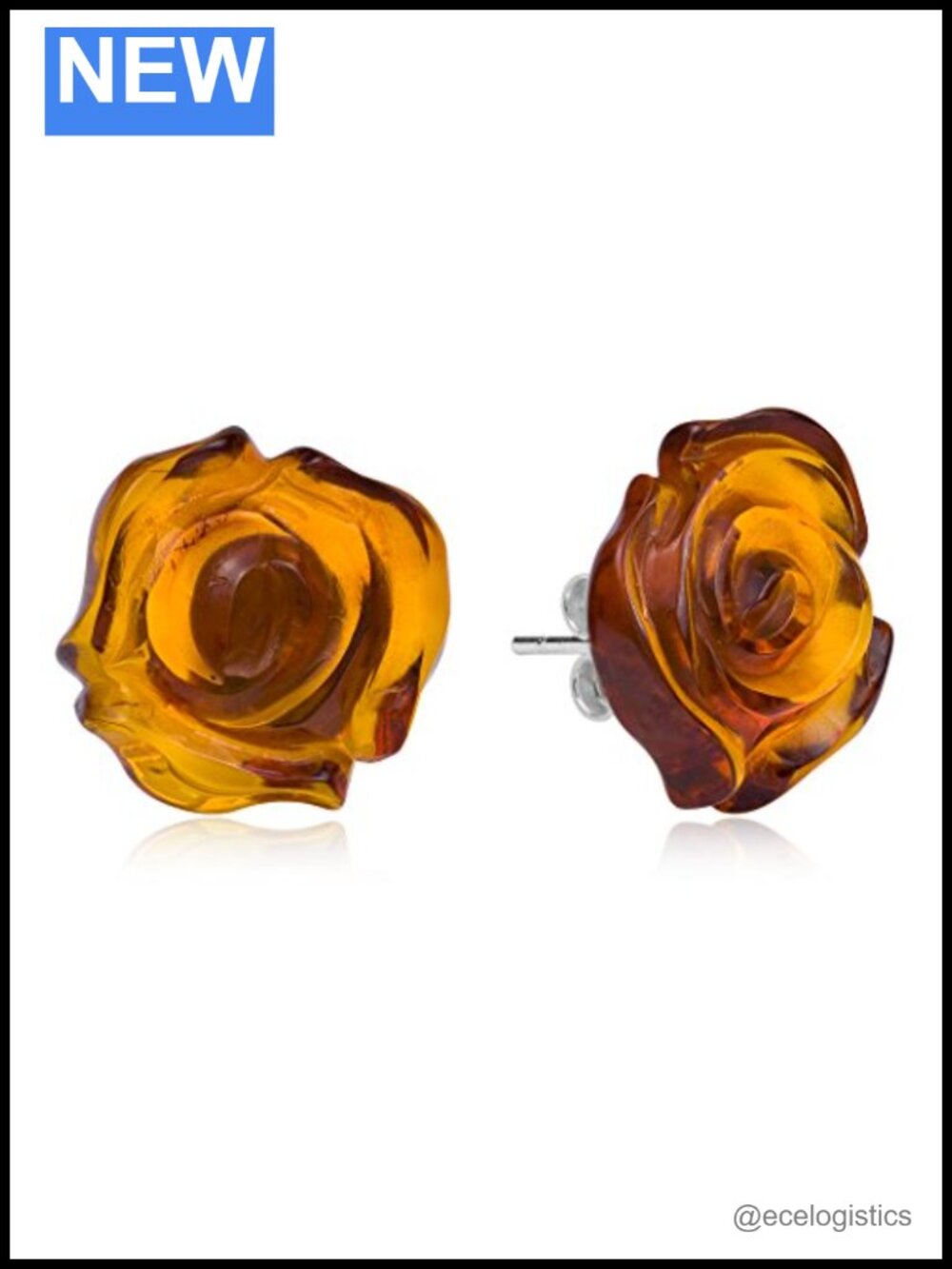 Sterling Silver 925 Amber Carved Rose Stud Earrings Push Back
